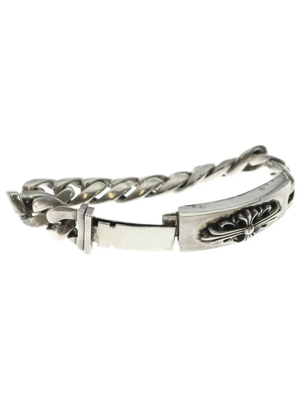 Chrome Hearts ID Floral Crs Cross ID Classic Link Bracelet Silver